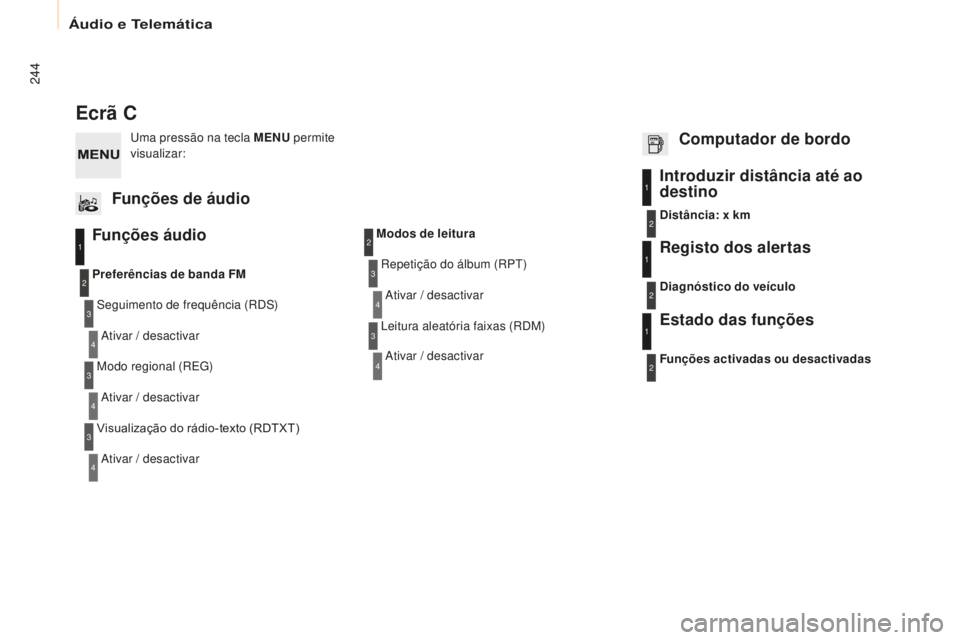 CITROEN BERLINGO ELECTRIC 2017  Manual do condutor (in Portuguese) 244
Berlingo-2-Vu_pt_Chap10b_ rd45_ed01-2015
Ecrã C
Funções áudio
seguimento de frequência (r ds)
ati

var / desactivar
Preferências de banda FM
Modo regional (
r
 e
G
 )
ati

var / desactivar
V