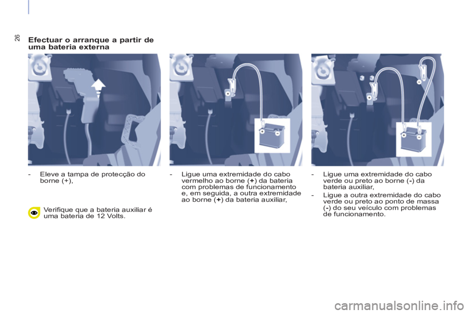 CITROEN BERLINGO ELECTRIC 2017  Manual do condutor (in Portuguese) 26   
Efectuar o arranque a partir de 
uma bateria externa 
  Veriﬁ que que a bateria auxiliar é 
uma bateria de 12 Volts.     
 
-   Eleve a tampa de protecção do 
borne (+),    
-   Ligue uma e