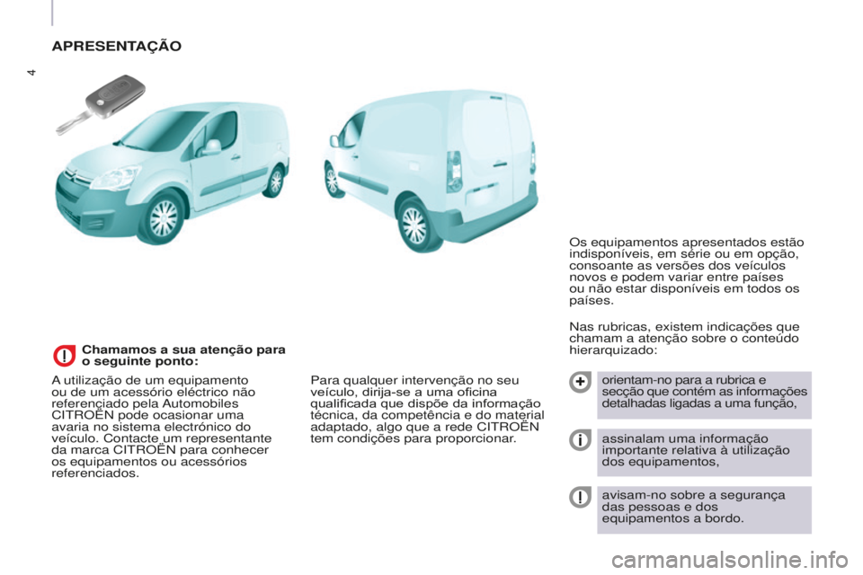 CITROEN BERLINGO ELECTRIC 2017 Manual do condutor (in Portuguese) 4
Berlingo-2-Vu_pt_Chap01_vue ensemble_ed01-2015
APRESENTAÇÃO
nas rubricas, existem indicações que
chamam a atenção sobre o conteúdo
hierarquizado:
orientam-no para a rubrica e
secção que CITROEN BERLINGO ELECTRIC 2017 Manual do condutor (in Portuguese) 4
Berlingo-2-Vu_pt_Chap01_vue ensemble_ed01-2015
APRESENTAÇÃO
nas rubricas, existem indicações que
chamam a atenção sobre o conteúdo
hierarquizado:
orientam-no para a rubrica e
secção que