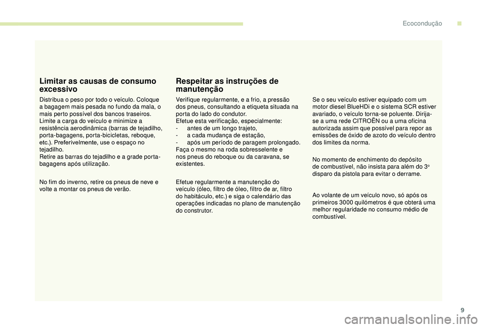 CITROEN BERLINGO VAN 2019  Manual do condutor (in Portuguese) 9
Limitar as causas de consumo 
excessivo
Distribua o peso por todo o veículo. Coloque 
a bagagem mais pesada no fundo da mala, o 
mais perto possível dos bancos traseiros.
Limite a carga do veícul