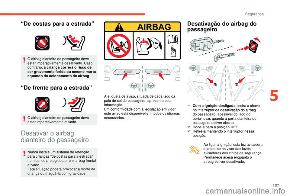 CITROEN BERLINGO VAN 2019  Manual do condutor (in Portuguese) 107
O airbag dianteiro de passageiro deve 
estar imperativamente desativado. Caso 
contrário, a criança correrá o risco de 
ser gravemente ferida ou mesmo mor ta 
aquando do acionamento do airbag.
