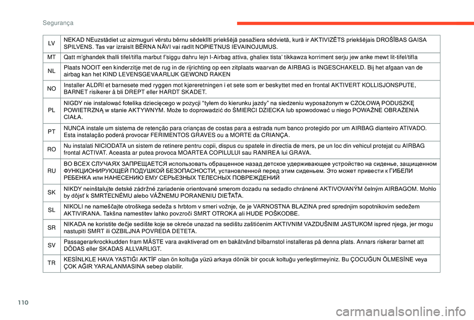 CITROEN BERLINGO VAN 2019  Manual do condutor (in Portuguese) 110
LVNEK AD NEuzstādiet uz aizmuguri vērstu bērnu sēdeklīti priekšējā pasažiera sēdvietā, kurā ir AKTIVIZĒTS priekšējais DROŠĪBAS GAISA 
SPILVENS. Tas var izraisīt BĒRNA NĀVI vai 