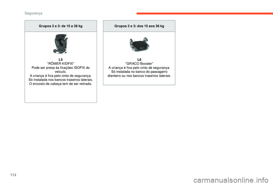 CITROEN BERLINGO VAN 2019  Manual do condutor (in Portuguese) 112
Grupos 2 e 3: de 15 a 36 kg
L5
“
RÖMER KIDFIX”
Pode ser presa às fixações ISOFIX do  veículo.
A criança é fixa pelo cinto de segurança.
Só instalada nos bancos traseiros laterais. O e