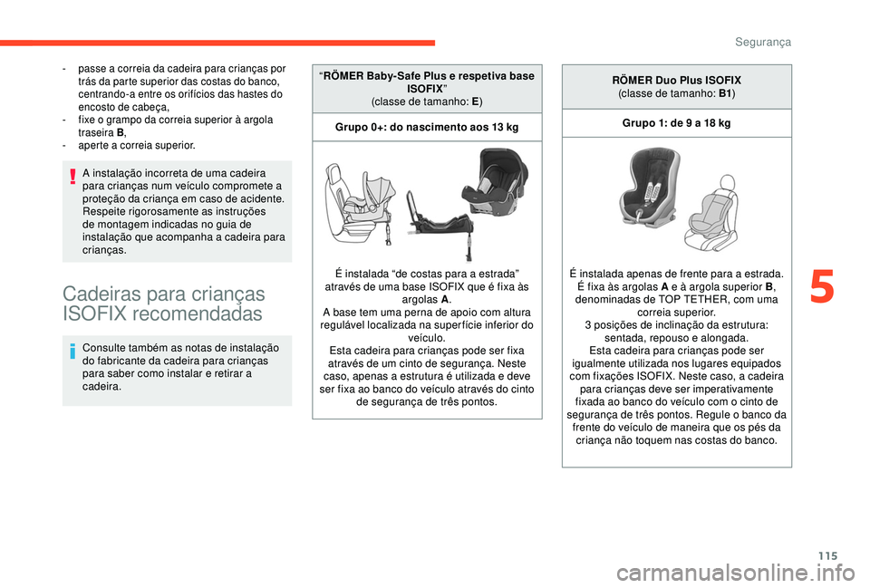 CITROEN BERLINGO VAN 2019  Manual do condutor (in Portuguese) 115
- passe a correia da cadeira para crianças por trás da parte superior das costas do banco, 
centrando-a entre os orifícios das hastes do 
encosto de cabeça,
-
 
f
 ixe o grampo da correia supe