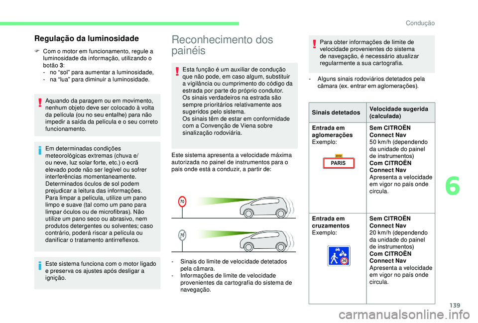CITROEN BERLINGO VAN 2019  Manual do condutor (in Portuguese) 139
Reconhecimento dos 
painéis
Esta função é um auxiliar de condução 
que não pode, em caso algum, substituir 
a vigilância ou cumprimento do código da 
estrada por parte do próprio conduto