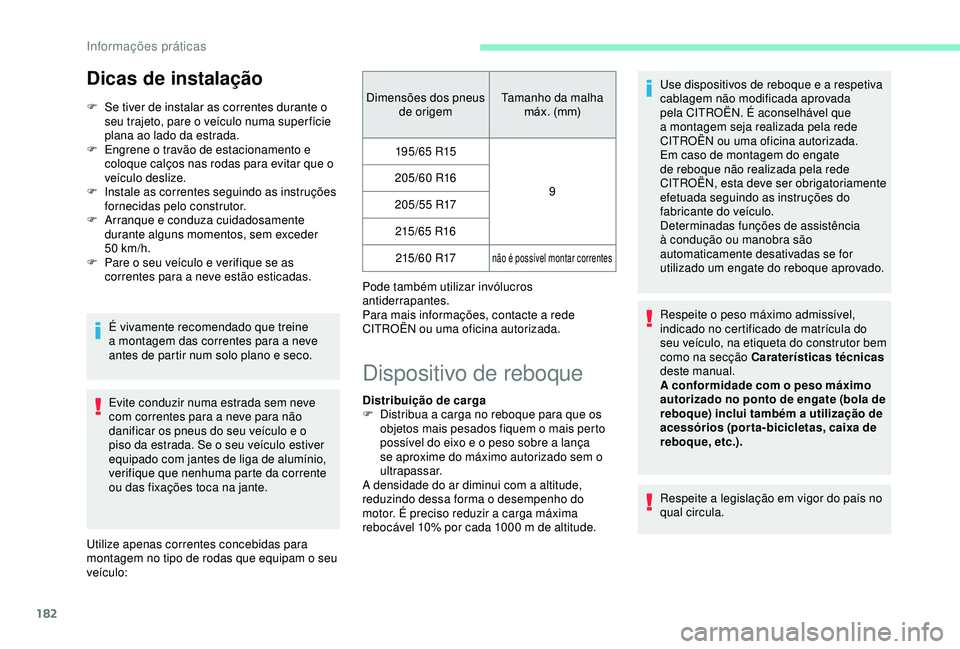 CITROEN BERLINGO VAN 2019  Manual do condutor (in Portuguese) 182
Dicas de instalação
F Se tiver de instalar as correntes durante o seu trajeto, pare o veículo numa super fície 
plana ao lado da estrada.
F
 
E
 ngrene o travão de estacionamento e 
coloque c