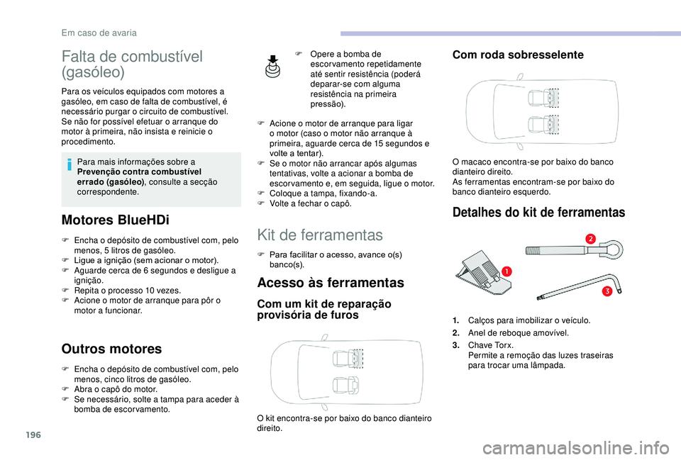 CITROEN BERLINGO VAN 2019  Manual do condutor (in Portuguese) 196
Falta de combustível 
(gasóleo)
Para os veículos equipados com motores a 
gasóleo, em caso de falta de combustível, é 
necessário purgar o circuito de combustível.
Se não for possível ef