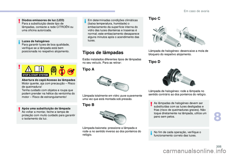 CITROEN BERLINGO VAN 2019  Manual do condutor (in Portuguese) 205
Díodos emissores de luz (LED)
Para a substituição deste tipo de 
lâmpadas, contacte a rede CITROËN ou 
uma oficina autorizada.
Luzes de halogéneo
Para garantir luzes de boa qualidade, 
verif