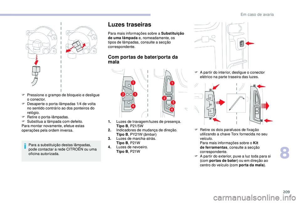 CITROEN BERLINGO VAN 2019  Manual do condutor (in Portuguese) 209
Para a substituição destas lâmpadas, 
pode contactar a rede CITROËN ou uma 
oficina autorizada.
Luzes traseiras
Para mais informações sobre a Substituição 
de uma lâmpada e, nomeadamente,