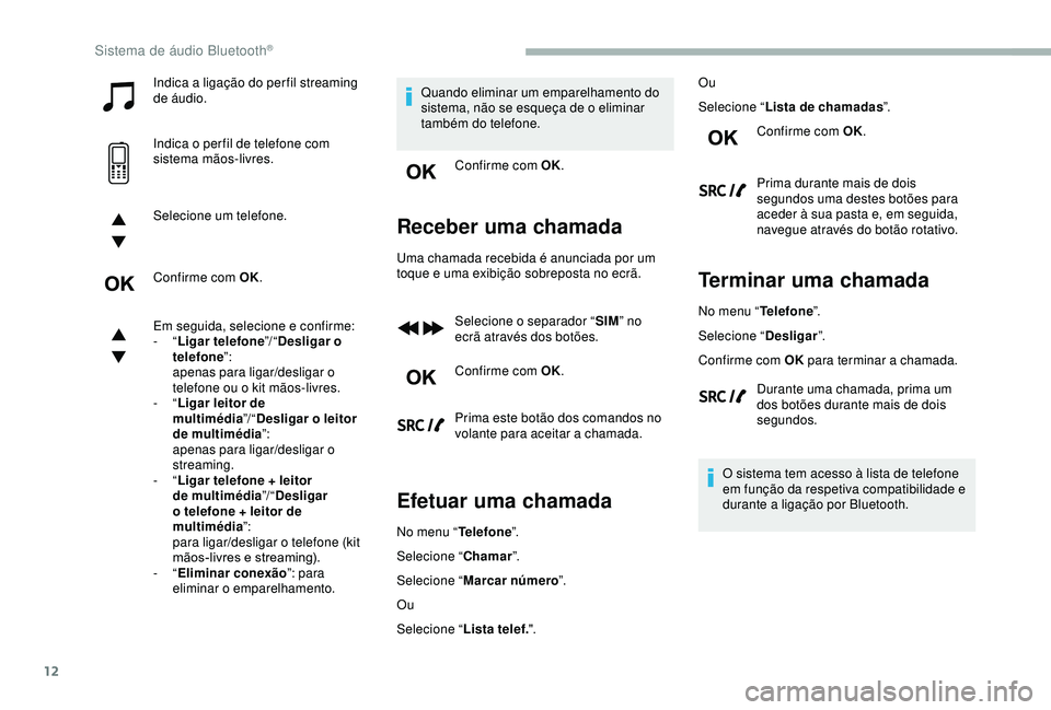 CITROEN BERLINGO VAN 2019  Manual do condutor (in Portuguese) 12
Indica a ligação do per fil streaming 
de áudio.
Indica o per fil de telefone com 
sistema mãos-livres.
Selecione um telefone.
Confirme com OK.
Em seguida, selecione e confirme:
-  “Ligar tel