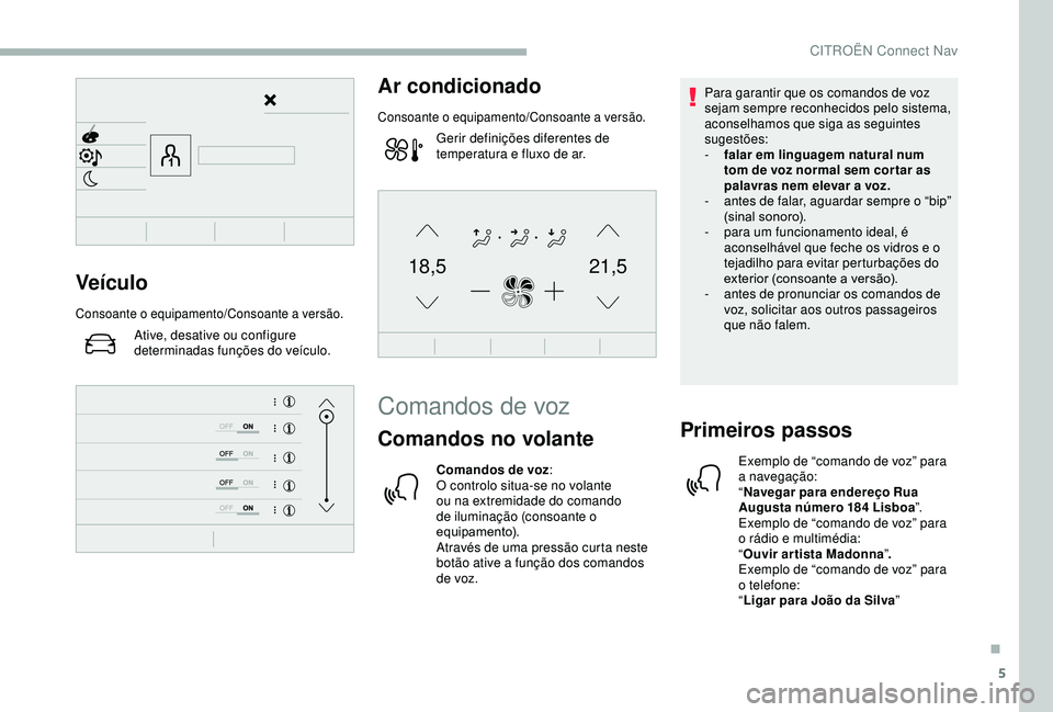 CITROEN BERLINGO VAN 2019  Manual do condutor (in Portuguese) 5
21,518,5Veículo
Consoante o equipamento/Consoante a versão.
Ative, desative ou configure 
determinadas funções do veículo.
Ar condicionado
Consoante o equipamento/Consoante a versão.
Gerir def