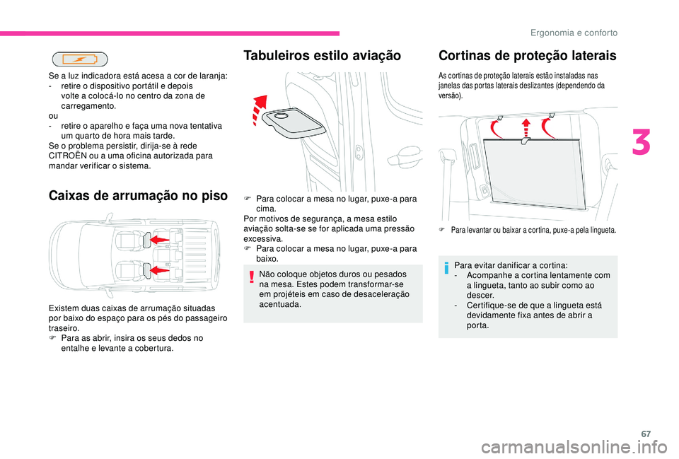 CITROEN BERLINGO VAN 2019  Manual do condutor (in Portuguese) 67
Caixas de arrumação no piso
Se a luz indicadora está acesa a cor de laranja:
- r etire o dispositivo portátil e depois 
volte a colocá-lo no centro da zona de 
carregamento.
ou
-
 
r
 etire o 