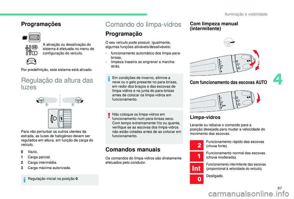 CITROEN BERLINGO VAN 2019  Manual do condutor (in Portuguese) 87
Regulação da altura das 
luzes
Para não perturbar os outros utentes da 
estrada, as luzes de halogéneo devem ser 
regulados em altura, em função da carga do 
veículo.
0 Vazio.
1 Carga parcia