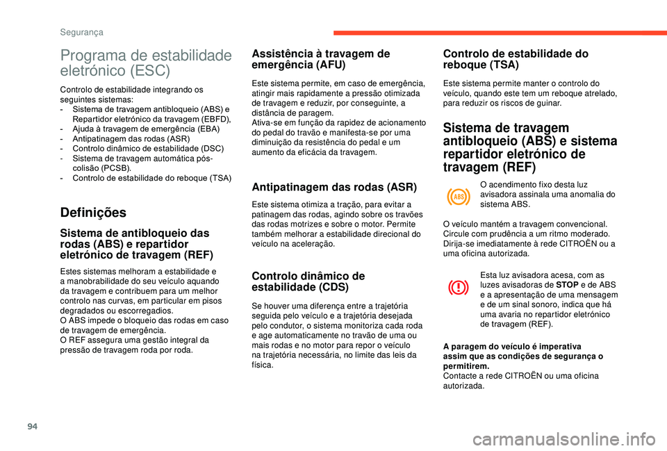 CITROEN BERLINGO VAN 2019  Manual do condutor (in Portuguese) 94
Programa de estabilidade 
eletrónico (ESC)
Controlo de estabilidade integrando os 
seguintes sistemas:
- 
S
 istema de travagem antibloqueio (ABS) e 
Repartidor eletrónico da travagem (EBFD),
-
 