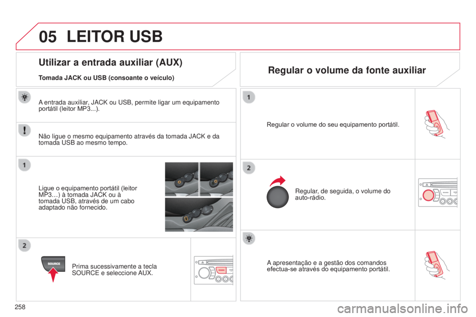 CITROEN C3 2015  Manual do condutor (in Portuguese) 05
258
C3_pt_Chap13c_rd45_ed01_2014
a apresentação e a gestão dos comandos 
efectua-se através do equipamento portátil.
Regular o volume do seu equipamento portátil.
r

egular, de seguida, o vol