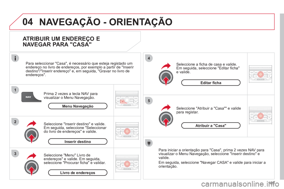 CITROEN C3 2013  Manual do condutor (in Portuguese) 189
04
1
2
3
5
4
  NAVEGAÇÃO - ORIENTAÇÃO 
 
 
ATRIBUIR UM ENDEREÇO E 
NAVEGAR PARA "CASA" 
Prima 2 vezes a tecla NAV para 
visualizar o Menu Navegação.    
Para seleccionar "
Casa", é necess