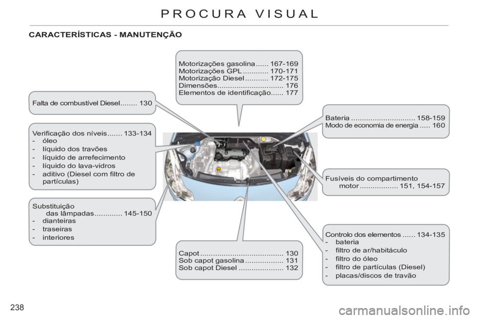 CITROEN C3 2013  Manual do condutor (in Portuguese) 238
PROCURA VISUAL
  Falta de combustível Diesel ........ 130 
CARACTERÍSTICAS - MANUTENÇÃO 
 
Veriﬁ cação dos níveis ....... 133-134 
   
 
-  óleo 
   
-   líquido dos travões 
   
-   l