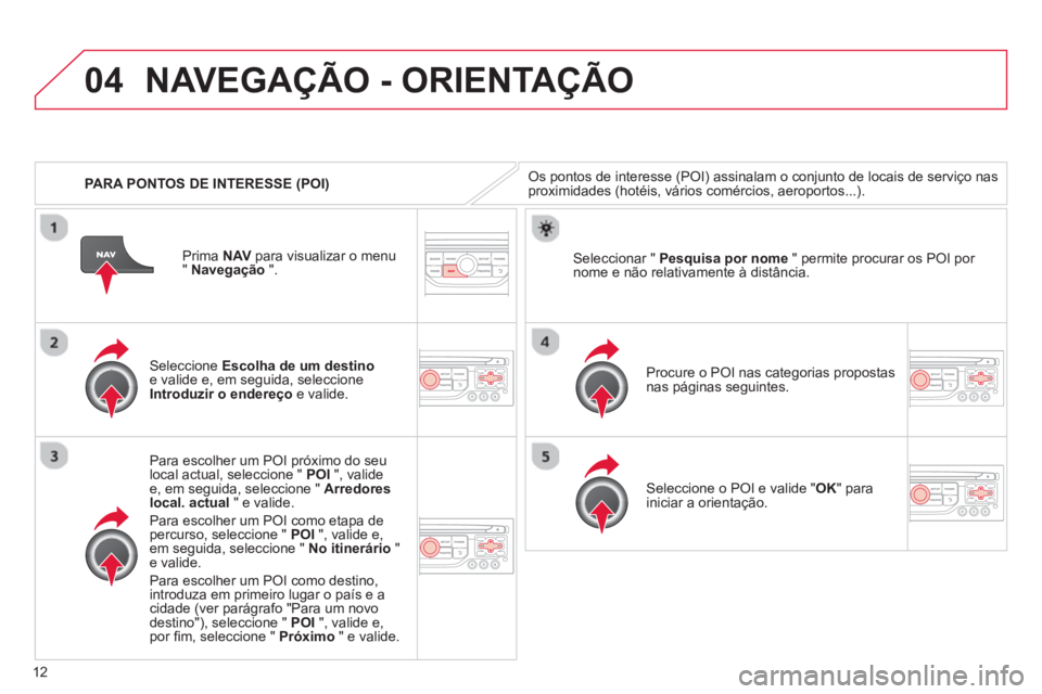 CITROEN C3 2013 Manual do condutor (in Portuguese) 12
04
PARA PONTOS DE INTERESSE (POI)
NAVEGAÇÃO - ORIENTAÇÃO
Os pontos de interesse (POI) assinalam o conjunto de locais de serviço nasproximidades (hotéis, vários comércios, aeroportos.. CITROEN C3 2013 Manual do condutor (in Portuguese) 12
04
PARA PONTOS DE INTERESSE (POI)
NAVEGAÇÃO - ORIENTAÇÃO
Os pontos de interesse (POI) assinalam o conjunto de locais de serviço nasproximidades (hotéis, vários comércios, aeroportos..