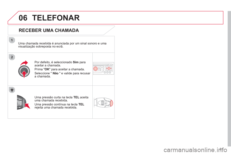 CITROEN C3 2013  Manual do condutor (in Portuguese) 31
06TELEFONAR
   
RECEBER UMA CHAMADA 
 
 
Uma chamada recebida é anunciada por um sinal sonoro e uma 
visualização sobreposta no ecrã.  
Por de
feito, é seleccionado  Sim   paraaceitar a chamad
