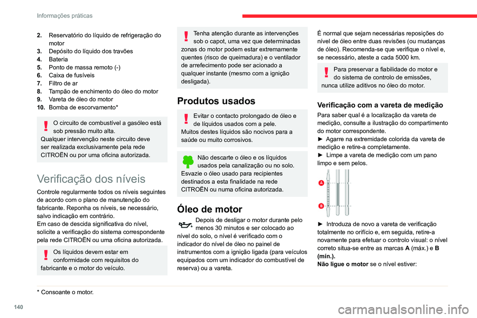 CITROEN C3 AIRCROSS 2021  Manual do condutor (in Portuguese) 140
Informações práticas
2.Reservatório do líquido de refrigeração do 
motor
3. Depósito do líquido dos travões
4. Bateria
5. Ponto de massa remoto (-)
6. Caixa de fusíveis
7. Filtro de ar
