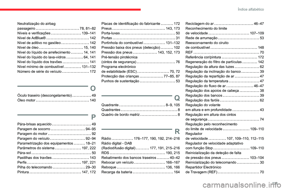 CITROEN C3 AIRCROSS 2021  Manual do condutor (in Portuguese) 231
Índice alfabético
Neutralização do airbag  passageiro   78, 81–82Níveis e verificações   139–141Nível de AdBlue®   142Nível de aditivo no gasóleo   142Nível de óleo   15, 140Níve