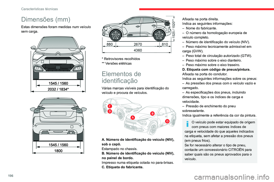 CITROEN C4 2021 Manual do condutor (in Portuguese) 196
Características técnicas
Dimensões (mm)
Estas dimensões foram medidas num veículo
sem carga.
* Retrovisores recolhidos
** Versões elétricas
Elementos de
identificação
Vária CITROEN C4 2021 Manual do condutor (in Portuguese) 196
Características técnicas
Dimensões (mm)
Estas dimensões foram medidas num veículo
sem carga.
* Retrovisores recolhidos
** Versões elétricas
Elementos de
identificação
Vária