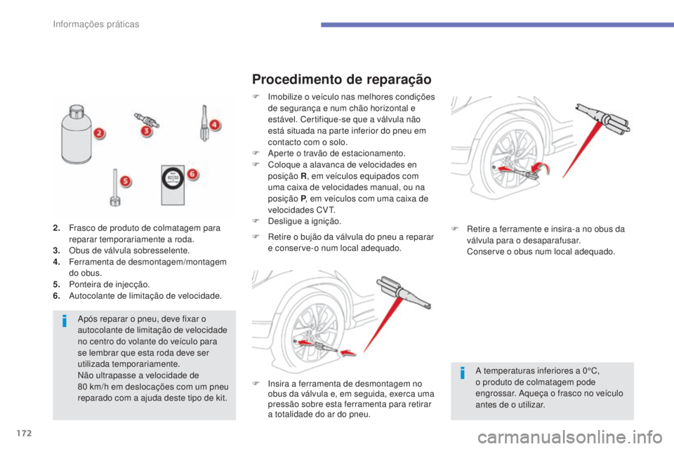 CITROEN C4 AIRCROSS 2016  Manual do condutor (in Portuguese) 172
C4-Aircross_pt_Chap07_info-pratiques_ed01-2014
Após reparar o pneu, deve fixar o 
autocolante de limitação de velocidade 
no centro do volante do veículo para 
se lembrar que esta roda deve se