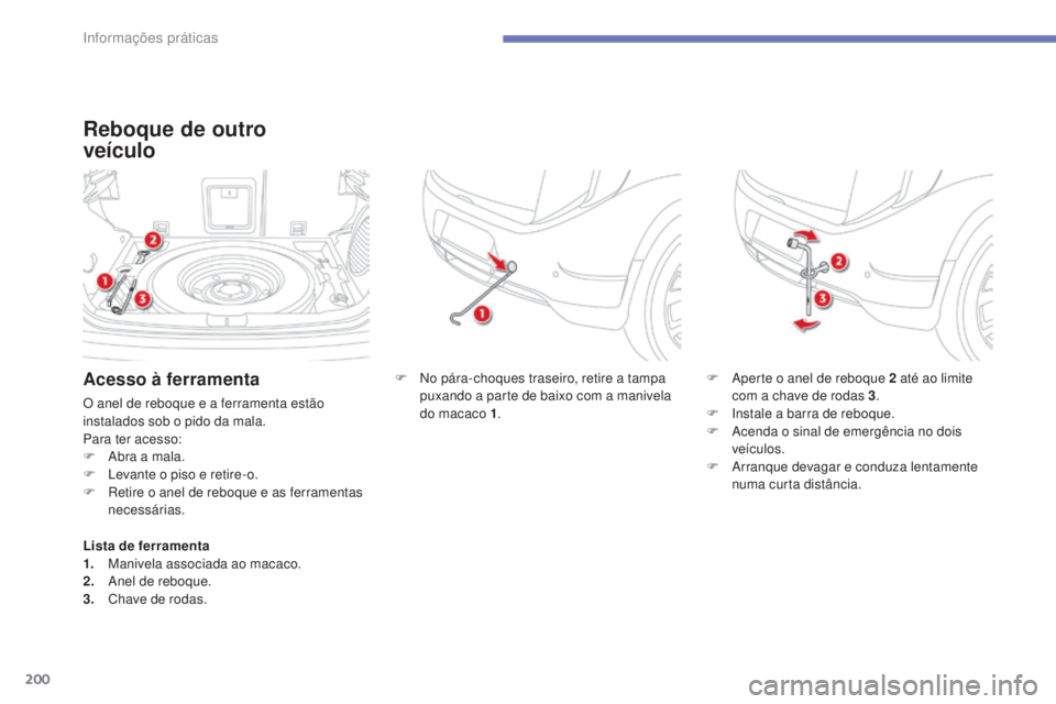 CITROEN C4 AIRCROSS 2016  Manual do condutor (in Portuguese) 200
C4-Aircross_pt_Chap07_info-pratiques_ed01-2014
Reboque de outro  
veículo
F  no pára-choques traseiro, retire a tampa 
puxando a parte de baixo com a manivela 
do macaco 1 . F
 A perte o anel de