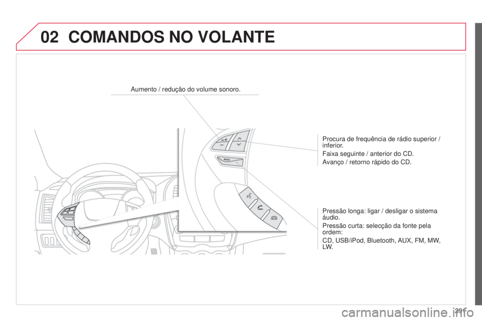 CITROEN C4 AIRCROSS 2016  Manual do condutor (in Portuguese) 02
291
C4-Aircross_pt_Chap10c_Mitsu5_ed01-2014
COMANDOS NO VOLANTE
Aumento / redução do volume sonoro.Procura de frequência de rádio superior / 
inferior.
Faixa seguinte / anterior do C
d .
Avanç