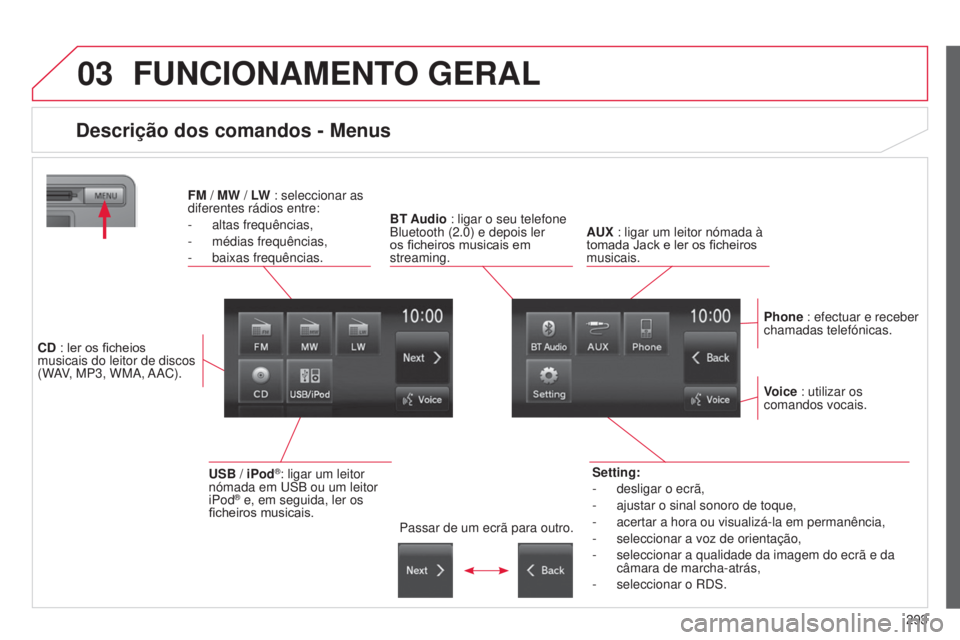 CITROEN C4 AIRCROSS 2016  Manual do condutor (in Portuguese) 03
293
C4-Aircross_pt_Chap10c_Mitsu5_ed01-2014
FUNCIONAMENTO GERAL
Descrição dos comandos - Menus
Setting:
- 
desligar o ecrã,
-

 
ajustar o sinal sonoro de toque,
-

 
acertar a hora ou visualiz