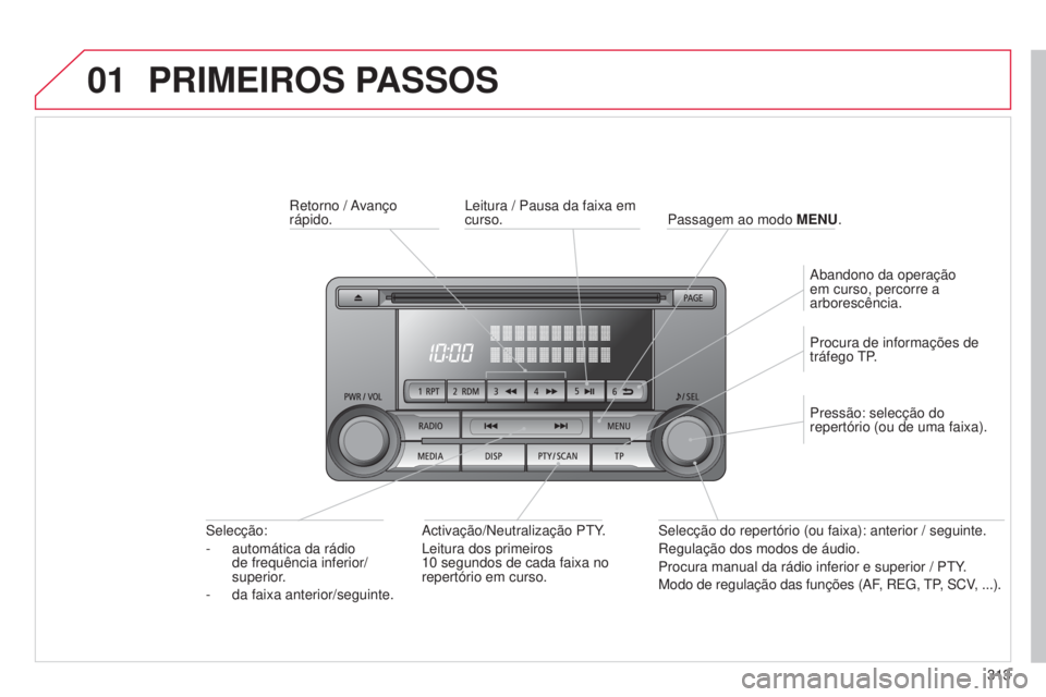 CITROEN C4 AIRCROSS 2016  Manual do condutor (in Portuguese) 01
313
C4-Aircross_pt_Chap10d_Mitsu4_ed01-2014
PRIMEIROS PASSOS
retorno  / Avanço 
rápido.
Activação/
n eutralização P t Y.
l

eitura dos primeiros 
10
  segundos de cada faixa no 
repertório e