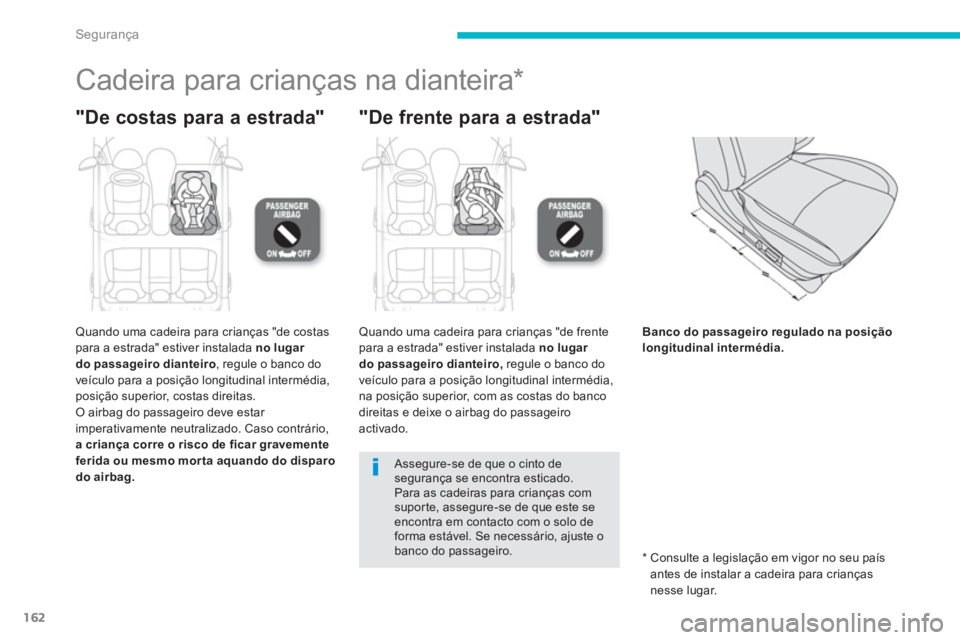 CITROEN C4 AIRCROSS 2014  Manual do condutor (in Portuguese) 162
Segurança
   
 
 
 
 
 
 
 
Cadeira para crianças na dianteira *  
 
 
"De costas para a estrada"    
"De frente para a estrada" 
 
 
Quando uma cadeira para crianças "de costas 
para a estrada