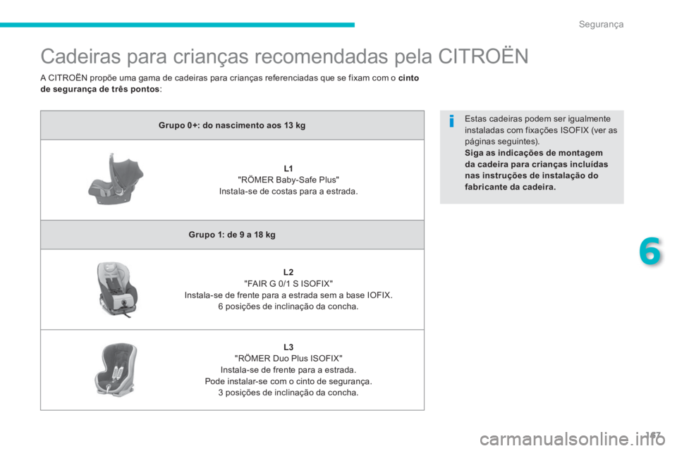 CITROEN C4 AIRCROSS 2014  Manual do condutor (in Portuguese) 167
6
Segurança
   
 
 
 
Cadeiras para crianças recomendadas pela CITROËN 
 
 
 
Grupo 0+: do nascimento aos 13 kg 
 
 
   
 
    
 
L1   
 
 
"RÖMER Baby-Safe Plus"   
Instala-se de costas para 