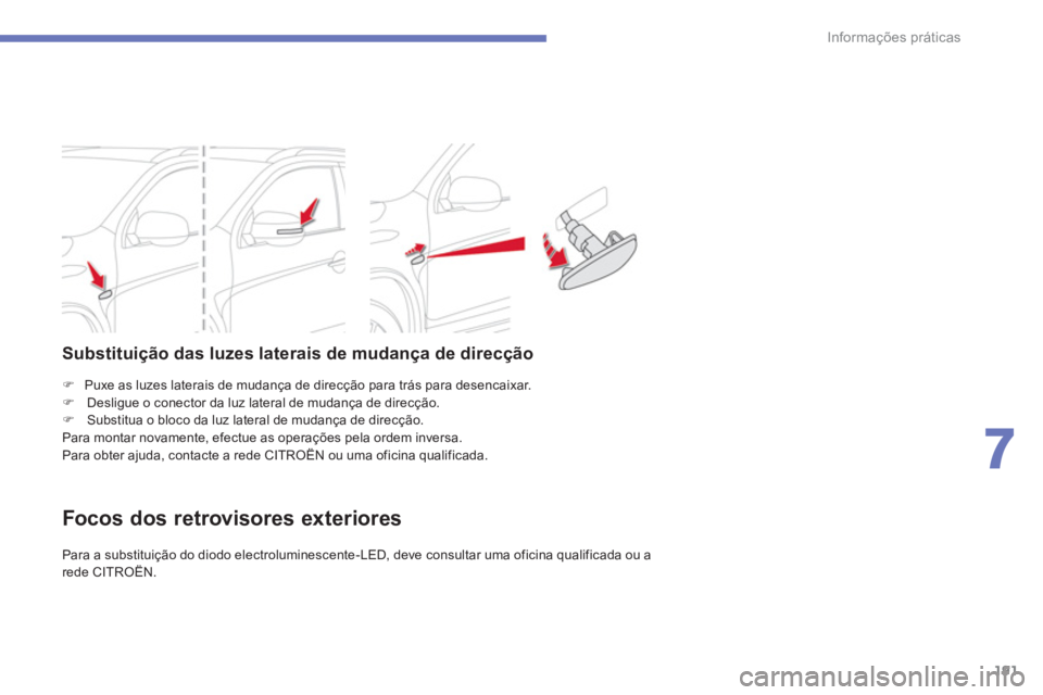 CITROEN C4 AIRCROSS 2014  Manual do condutor (in Portuguese) 191
7
Informações práticas
   
 
�) 
  Puxe as luzes laterais de mudança de direcção para trás para desencaixar. 
   
�) 
  Desligue o conector da luz lateral de mudança de direcção. 
   
�)