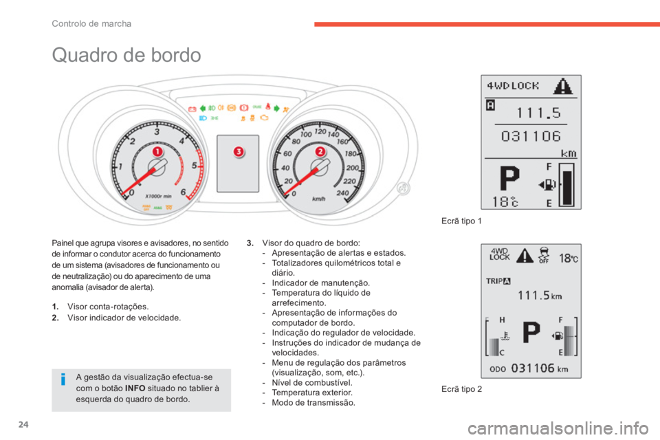 CITROEN C4 AIRCROSS 2014  Manual do condutor (in Portuguese) 24
Controlo de marcha
   
 
 
 
 
 
 
 
 
 
 
 
 
 
 
 
 
Quadro de bordo 
 
 
 
 
1. 
 Visor conta-rotações. 
   
2. 
  Visor indicador de velocidade. 
  Ecrã tipo 2      
3. 
  Visor do quadro de