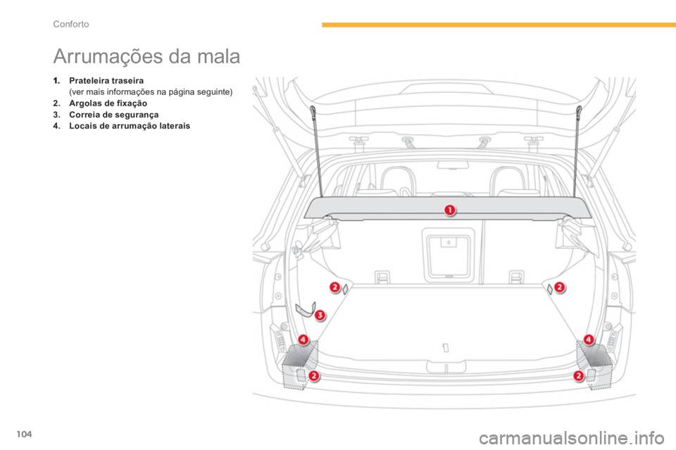 CITROEN C4 AIRCROSS 2013  Manual do condutor (in Portuguese) 104
Conforto
   
 
 
 
 
 
 
 
 
 
 
 
 
 
Arrumações da mala 
Prateleira traseira(ver mais informações na página seguinte)2.Argolas de fixação
3.Correia de segurança4.Locais de arrumação la