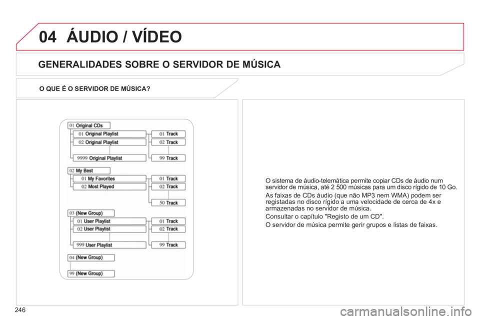 CITROEN C4 AIRCROSS 2013  Manual do condutor (in Portuguese) 246
04
O QUE É O SERVIDOR DE MÚSICA?  
 
 
GENERALIDADES SOBRE O SERVIDOR DE MÚSICA 
 
ÁUDIO / VÍDEO
O sistema de áudio-telemática permite copiar CDs de áudio num
servidor de música, até 2 5