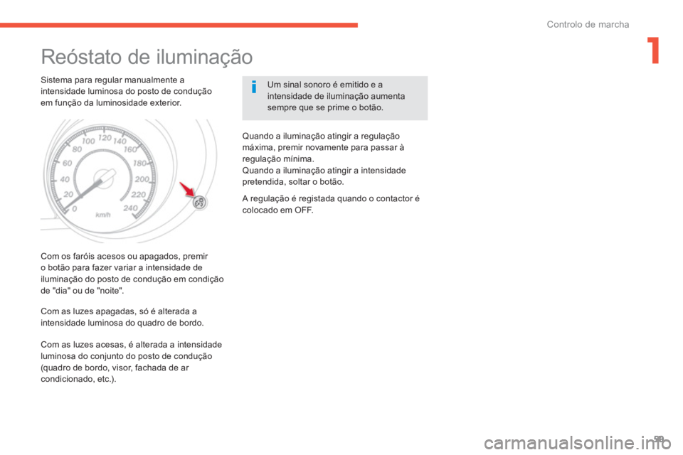 CITROEN C4 AIRCROSS 2013  Manual do condutor (in Portuguese) 1
59
Controlo de marcha
   
 
 
 
 
Reóstato de iluminação 
 
 Sistema para regular manualmente aintensidade luminosa do posto de conduçãoem função da luminosidade exterior. 
Um sinal sonoro é