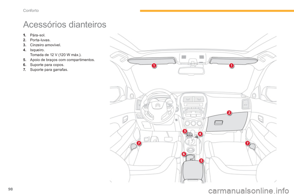CITROEN C4 AIRCROSS 2013  Manual do condutor (in Portuguese) 98
Conforto
   
 
 
 
 
 
 
 
 
 
 
 
 
 
 
 
 
 
 
 
 
 
 
Acessórios dianteiros 
 
 Pára-sol.2. 
 Porta-luvas. 3. 
 Cinzeiro amovível.
4. 
 Isqueiro.  
Tomada de 12 V (120 W máx.). 5.   Apoio de