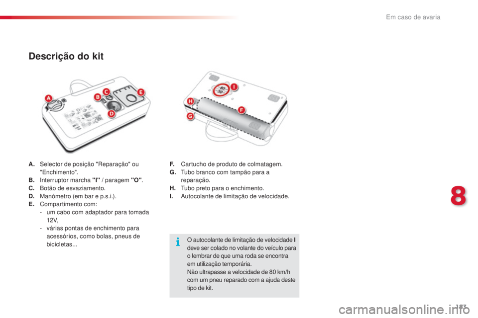 CITROEN C4 CACTUS 2016  Manual do condutor (in Portuguese) 183
C4-cactus_pt_Chap08_En-cas-de-panne_ed01-2015
A. Selector de posição "Reparação" ou "Enchimento".
B.
 I

nterruptor marcha "I"  / paragem "O".
C.
 B

otão de e