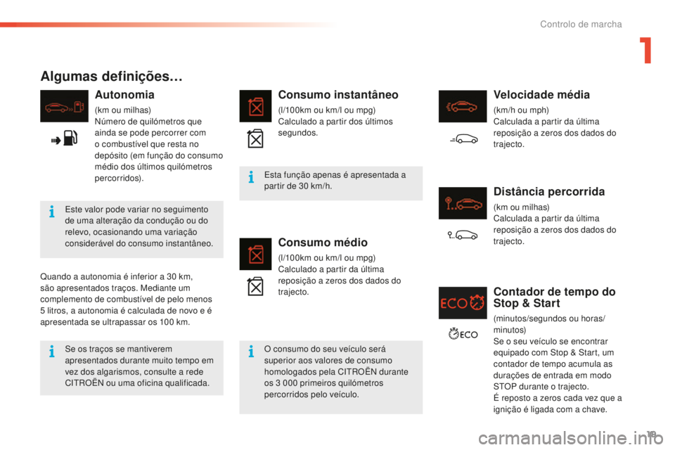 CITROEN C5 2016 Manual do condutor (in Portuguese) 19
C5_pt_Chap01_controle-de-marche_ed01-2015
Algumas definições…
Autonomia
(km ou milhas)número de quilómetros que
ainda se pode percorrer com
o combustível que resta no
depósito (em funç CITROEN C5 2016 Manual do condutor (in Portuguese) 19
C5_pt_Chap01_controle-de-marche_ed01-2015
Algumas definições…
Autonomia
(km ou milhas)número de quilómetros que
ainda se pode percorrer com
o combustível que resta no
depósito (em funç