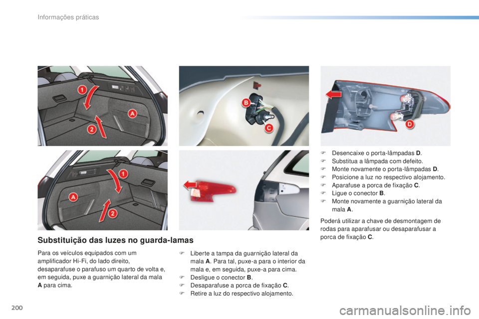 CITROEN C5 2016  Manual do condutor (in Portuguese) 200
C5_pt_Chap08_information_ed01-2015
Substituição das luzes no guarda-lamas
F  liberte a tampa da guarnição lateral da mala A . Para tal, puxe-a para o interior da 
mala e, em seguida, puxe-a pa