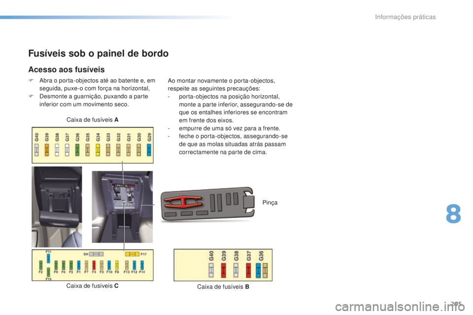 CITROEN C5 2016  Manual do condutor (in Portuguese) 205
C5_pt_Chap08_information_ed01-2015
Fusíveis sob o painel de bordo
Acesso aos fusíveis
F  abra o porta-objectos até ao batente e, em seguida, puxe-o com força na horizontal,
F
  d
e
 smonte a g
