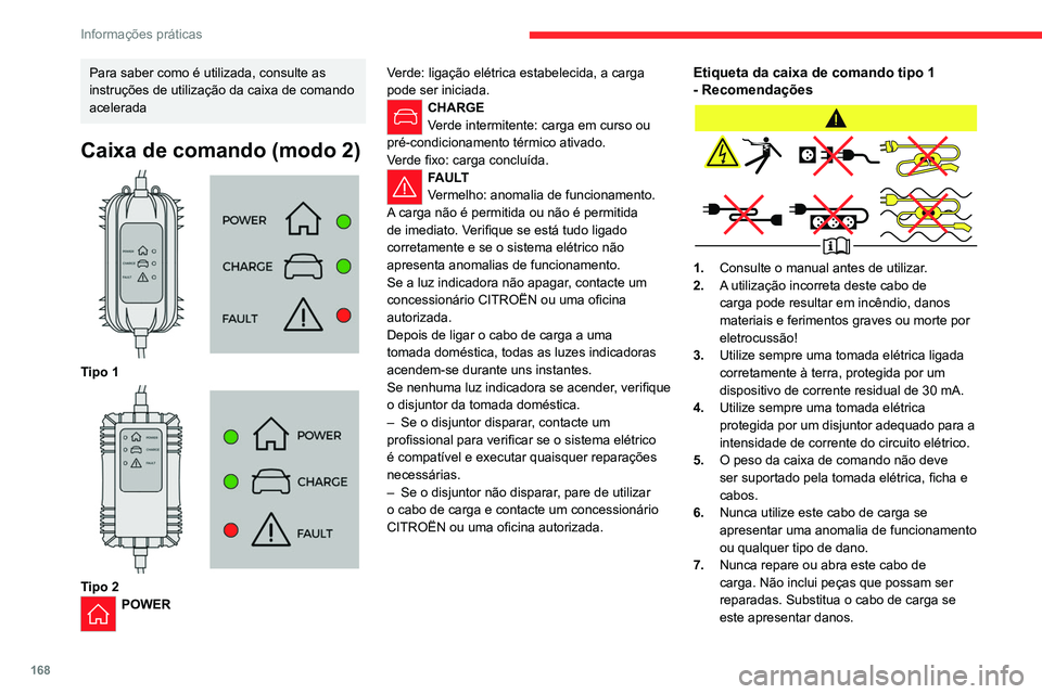 CITROEN C5 AIRCROSS 2022  Manual do condutor (in Portuguese) 168
Informações práticas
Para saber como é utilizada, consulte as 
instruções de utilização da caixa de comando 
acelerada
Caixa de comando (modo 2) 
 
Tipo 1 
 
Tipo 2POWERVerde: ligação el
