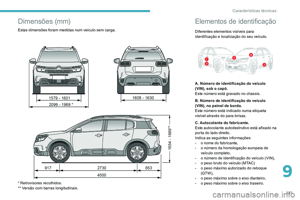 CITROEN C5 AIRCROSS 2020  Manual do condutor (in Portuguese) 221
Elementos de identificação
Diferentes elementos visíveis para 
identificação e localização do seu veículo.
A. Número de identificação do veículo 
(VIN), sob o  capô.
Este número est�