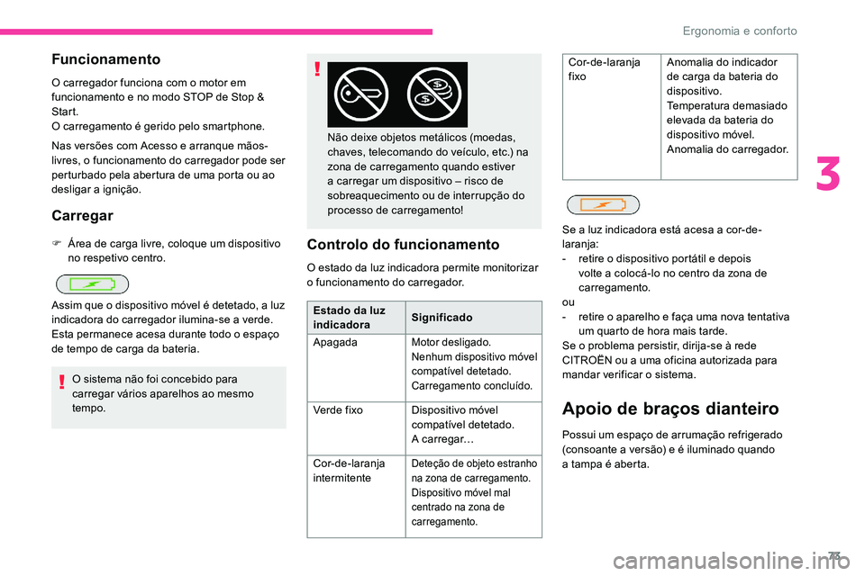 CITROEN C5 AIRCROSS 2020  Manual do condutor (in Portuguese) 73
Funcionamento
O carregador funciona com o motor em 
f uncionamento e no modo STOP de Stop & 
Start.
O carregamento é gerido pelo smartphone.
Nas versões com Acesso e arranque mãos-
livres, o fun