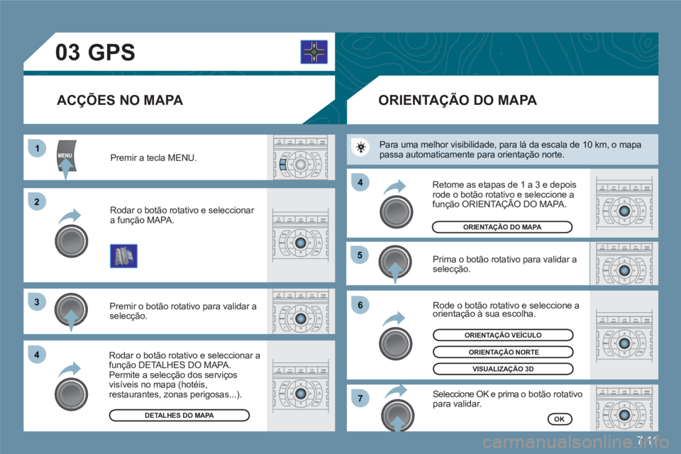 CITROEN C6 2012  Manual do condutor (in Portuguese) 7.11
03
11
22
33
44
55
66
77
44
  Premir a tecla MENU. 
Rodar o botão rotativo e seleccionar a função MAPA.
 Premir o botão rotativo para validar a selecção.
Rodar o botão rotativo e selecciona