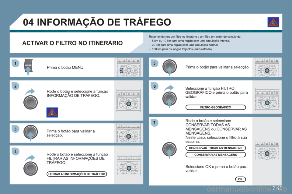 CITROEN C6 2012  Manual do condutor (in Portuguese) 7.15
55
66
77
11
22
33
44
04
   
ACTIVAR O FILTRO NO ITINERÁRIO 
Recomendamos um ﬁ ltro no itiner·rio e um ﬁ ltro em redor do veÌculo de: -   5 km ou 10 km para uma regi„o com uma circulaÁ