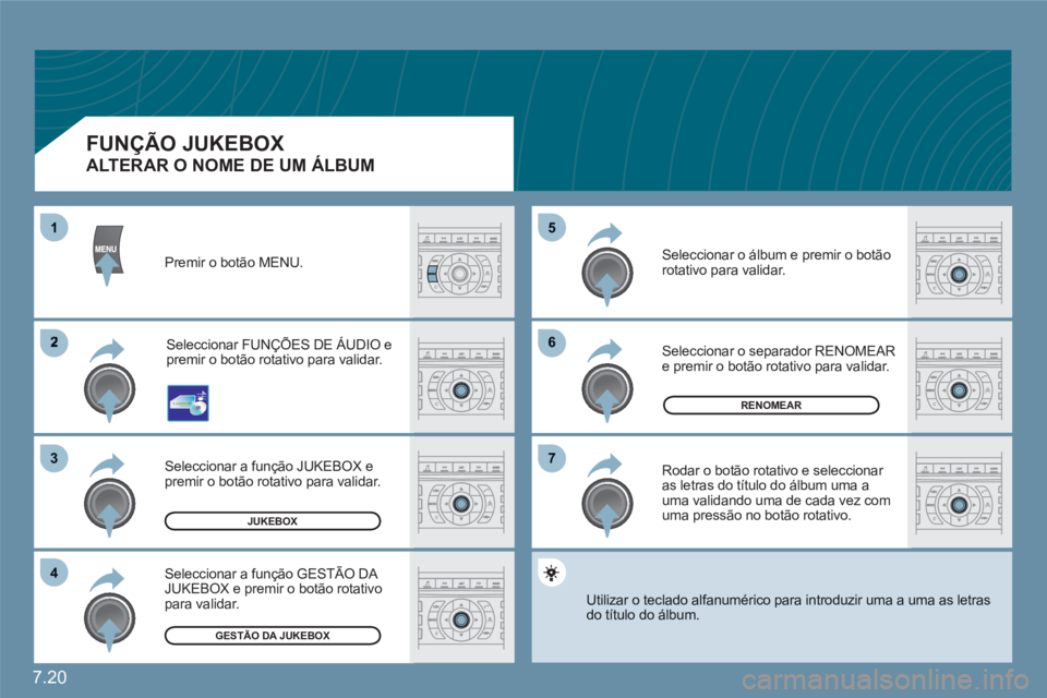 CITROEN C6 2012  Manual do condutor (in Portuguese) 7.20
66
77
55
2
33
44
11
RENOMEAR
JUKEBOX
GESTÃO DA JUKEBOX
Premir o botão MENU. 
Seleccionar FUNÇÕES DE ÁUDIO epremir o botão rotativo para validar.
Seleccionar a função JUKEBOX epremir o bot