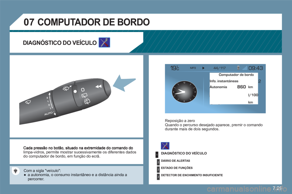 CITROEN C6 2012  Manual do condutor (in Portuguese) 7.29
1
2
2
2
07
12
63 9
limpa-vidros , permite mostrar sucessivamente os diferentes dadosdo computador de bordo, em função do ecrã. 
 Com a sigla  "veículo" : 
 
 
● 
  a autonomia, o consumo in